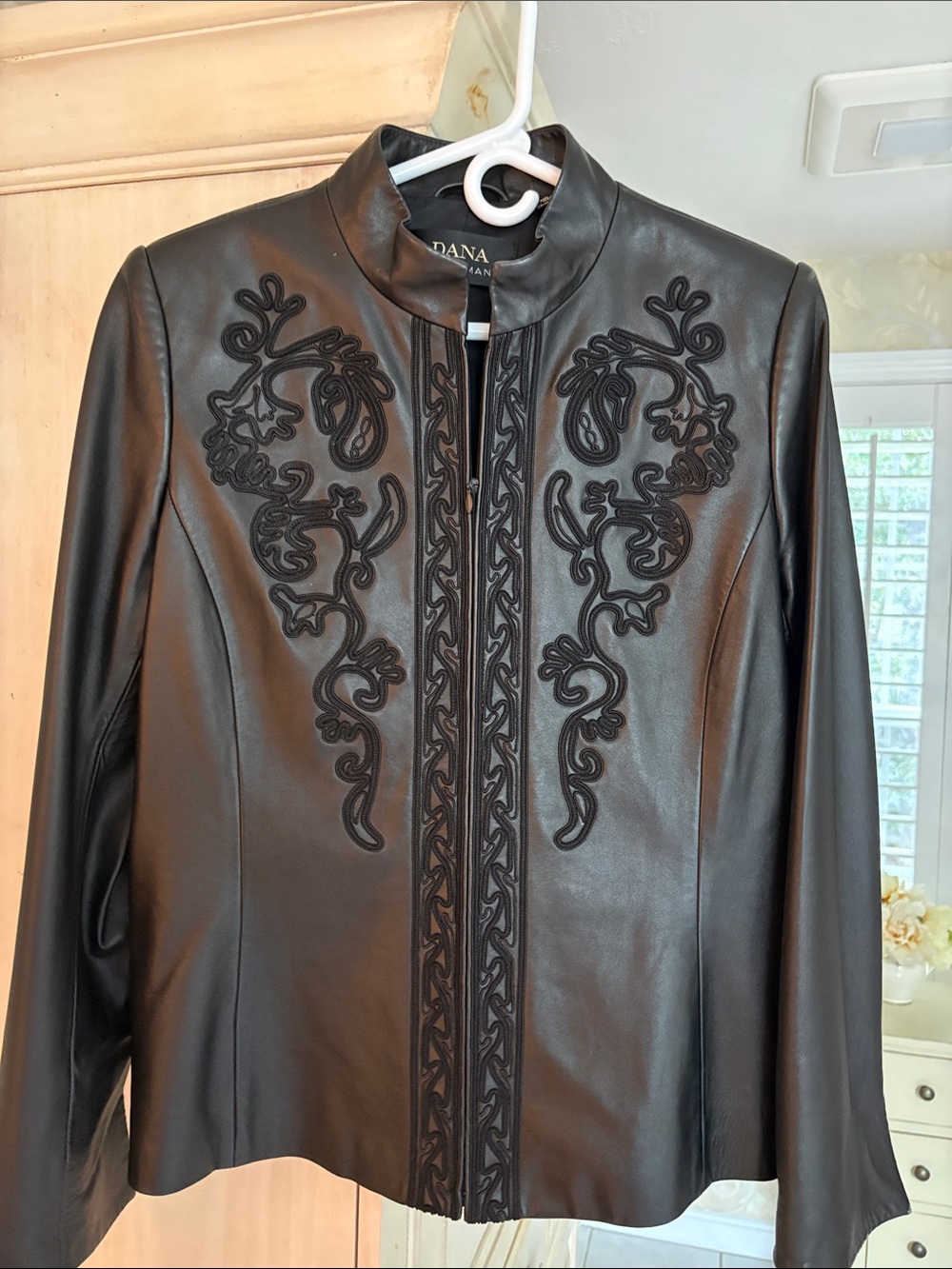Dana Buchman Vintage 1990’s Black Embroidered Leather Jacket with Stand Collar